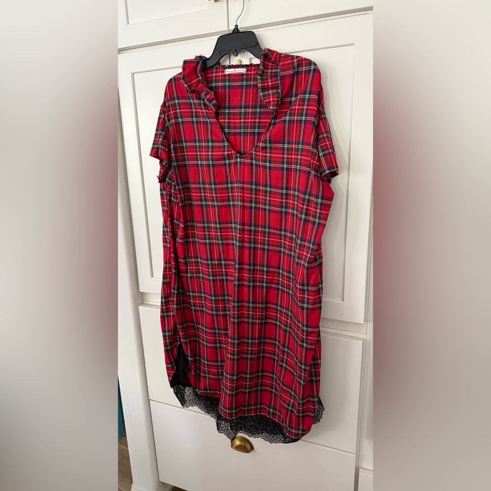 New 1x Tartan red dress with ruffle collar handmade* w/ lace hem
